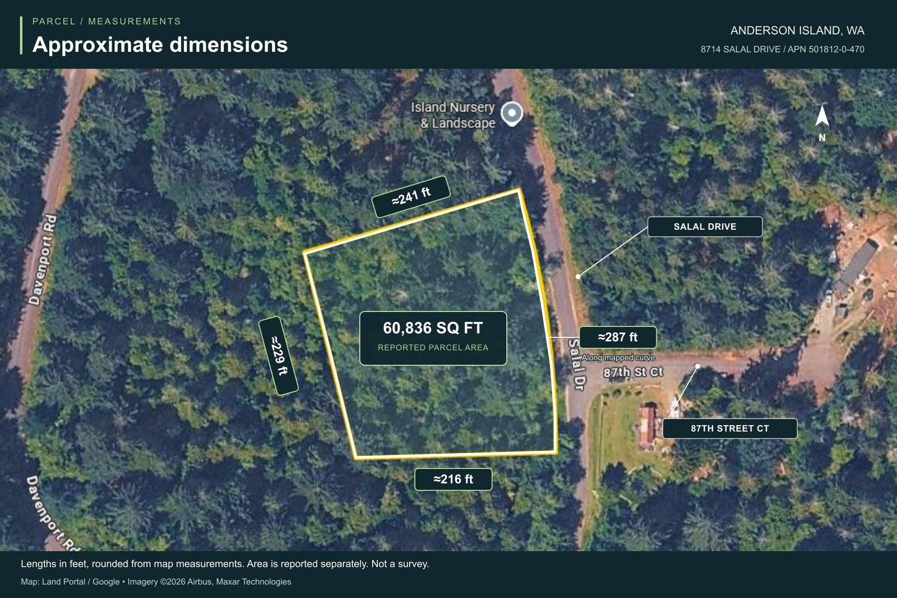 Approximate lot dimensions, from map measurements. Not a survey.
