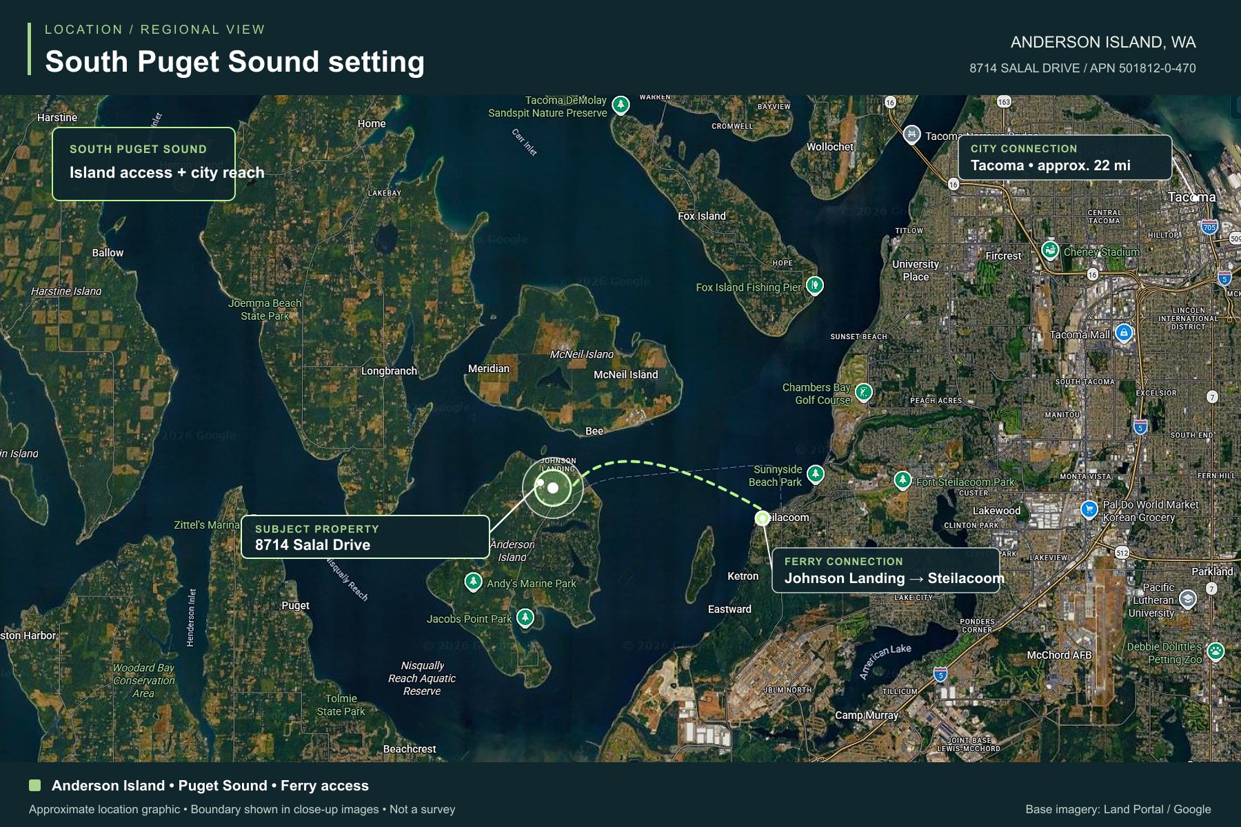 Anderson Island in south Puget Sound, with the Steilacoom ferry route.
